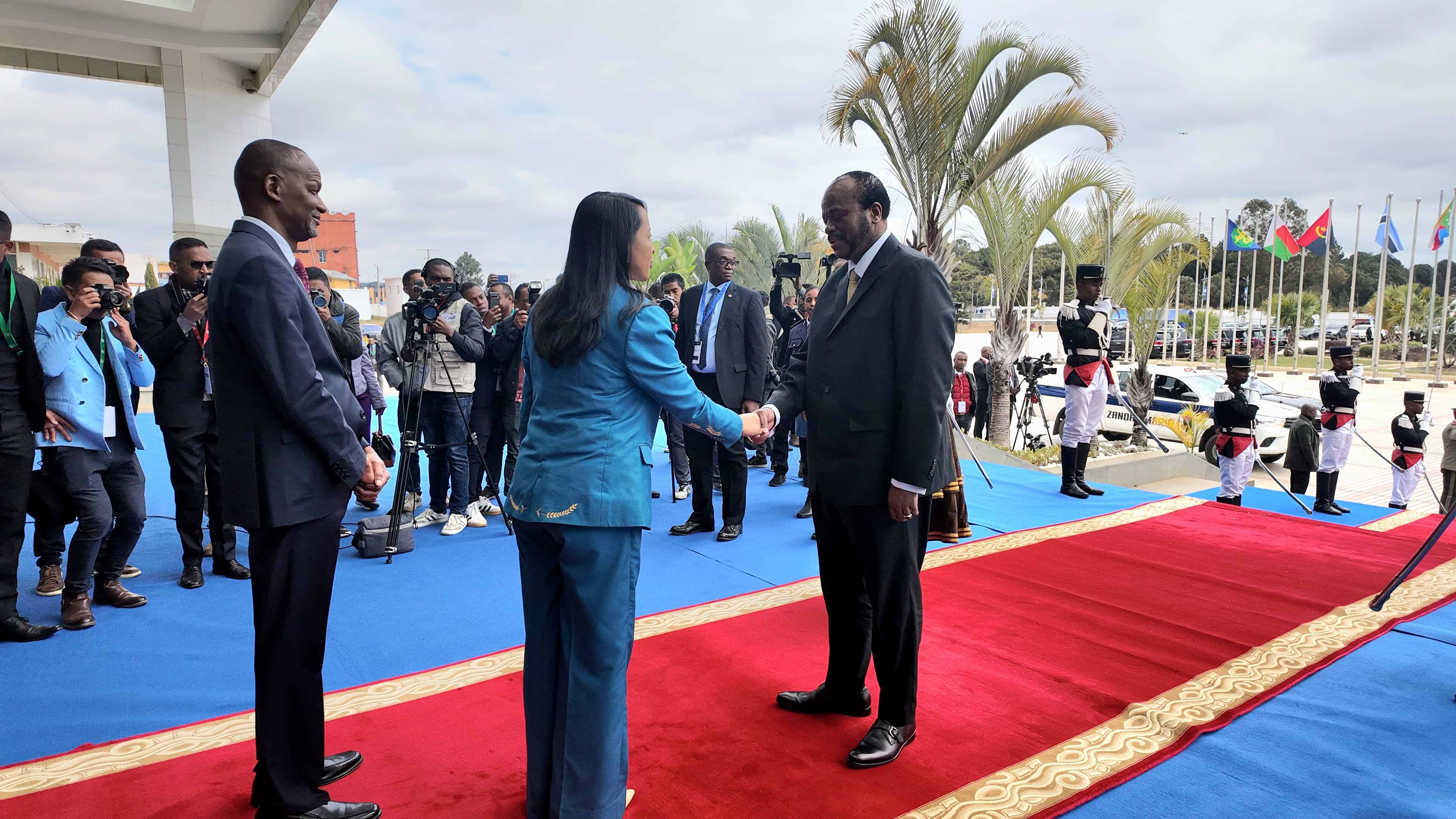 His Majesty King Mswati III shakes hands with one of the officials at the 45th Ordinary SADC Summit of Heads of State and Government yesterday. 