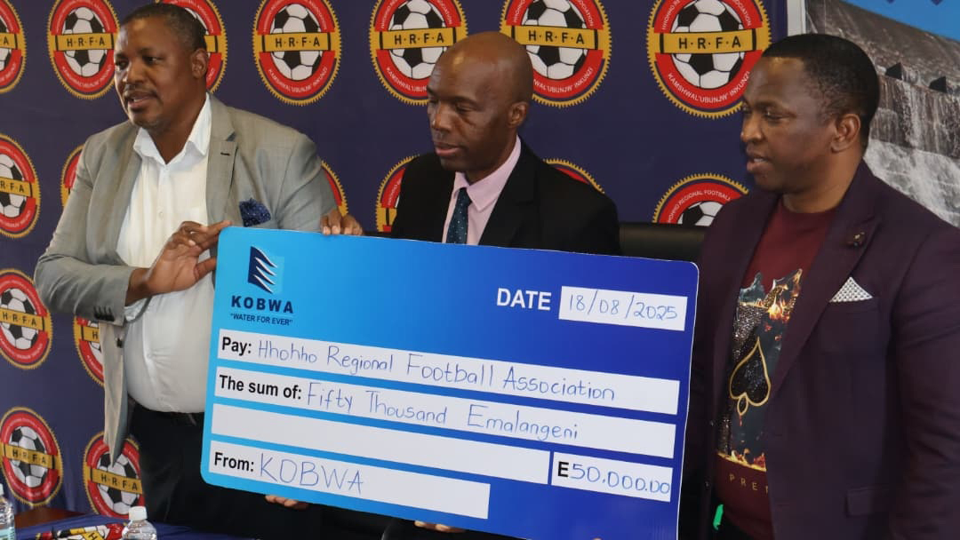 KOBWA Chief Executive Officer (CEO) Trevor Shongwe (C) with Pigg’s Peak Member of Parliament, Jabulani Mabuza and Hhohho Regional Football Association (HRFA) Chairman, Comfort Shongwe. (Pic: Melusi Mkhabela)