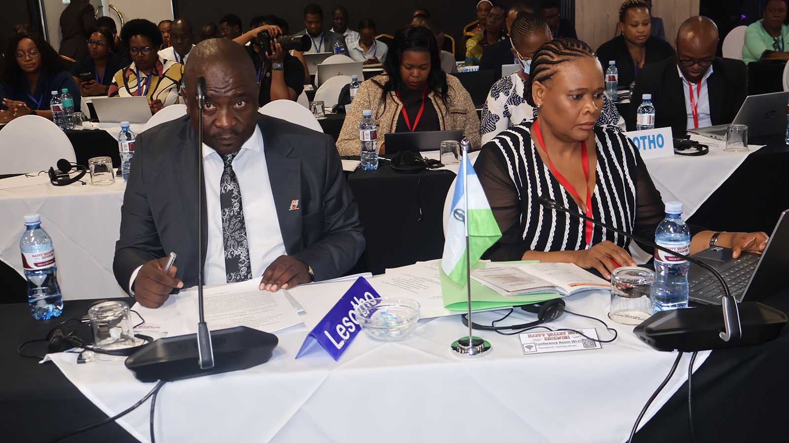 Lesotho Minister of Health Selibe Mochoboroane (L) alongside a Lesotho Health Ministry official at the ECSA-HC Health Ministers Conference yesterday. (Pics: Khulile Thwala)