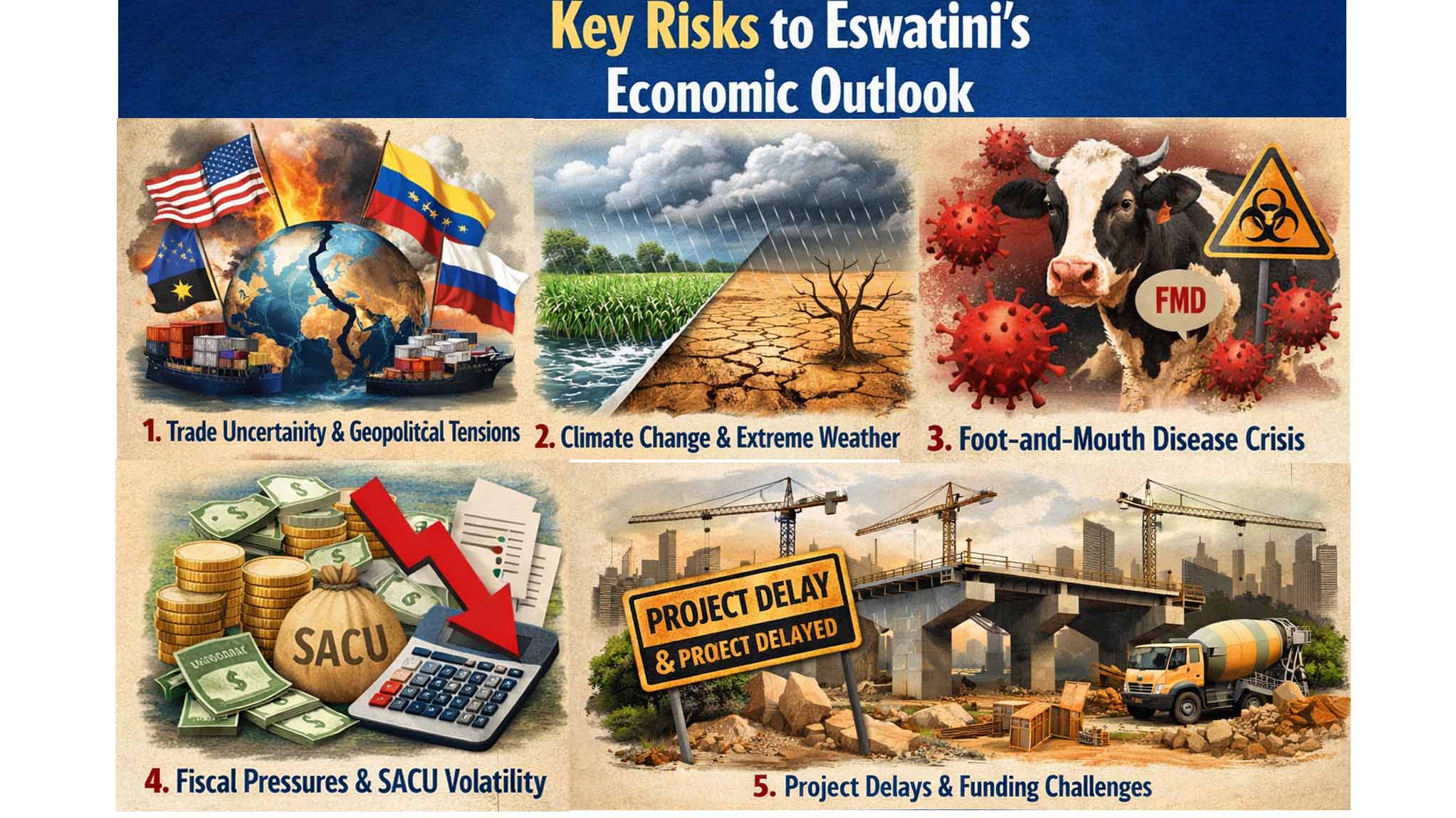 Despite an improved growth trajectory in the coming years, Eswatini’s medium-term economic outlook remains exposed to five clearly defined downside risks, arising from both global and domestic pressures.