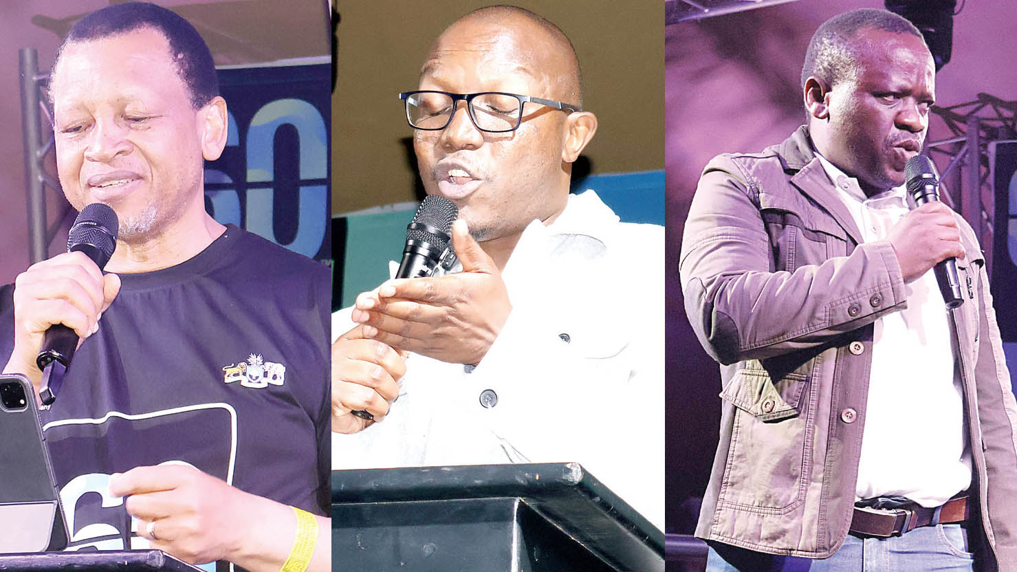 (L-R) The Managing Director of EEC Ernest Mkhonta, Local poet Majaha Nkonyane, Raphael Masilela, the System Operations and Control Manager at EEC. 